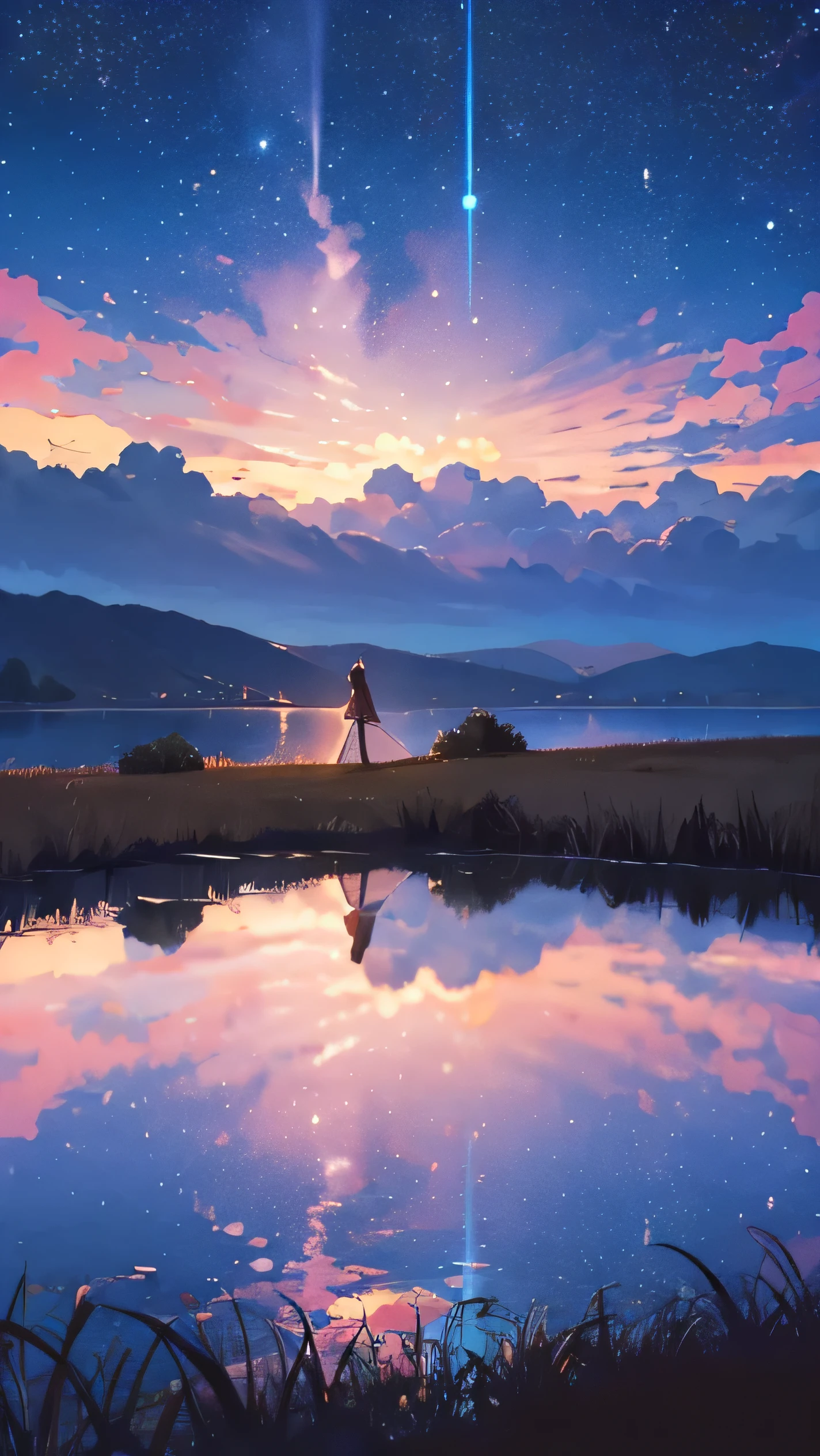 Anime couple kissing under the stars in the sky, Cyril Rolland,