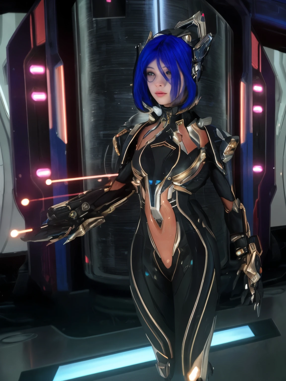 there is a woman with a futuristic suit and blue hair, of a beautiful female warframe, dressed in cybernetic armor, cyber suit, beautiful cyborg priestess, girl with mecha cybernetic armor, cyborg goddess in cosmos, cybernetic flame armor, detailed warframe, cybernetic fire armor, cyber suits, portrait of a cyborg queen, science fiction female character
