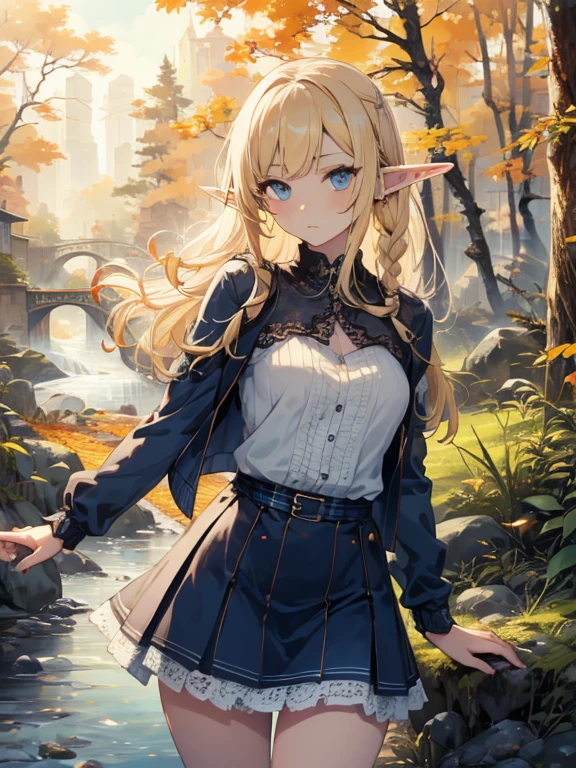 masterpiece, Highest quality, Very detailed, 16K, Ultra-high resolution、Cowboy Shot, 1 Elf girl, Detailed face、Perfect Fingers, Elf Ears, Small breasts, blue eyes, blonde, Braiding, White blouse, sweater, Best, (Checkered lace skirt:1.4), in the forest, stream, Stand on the banks of the river