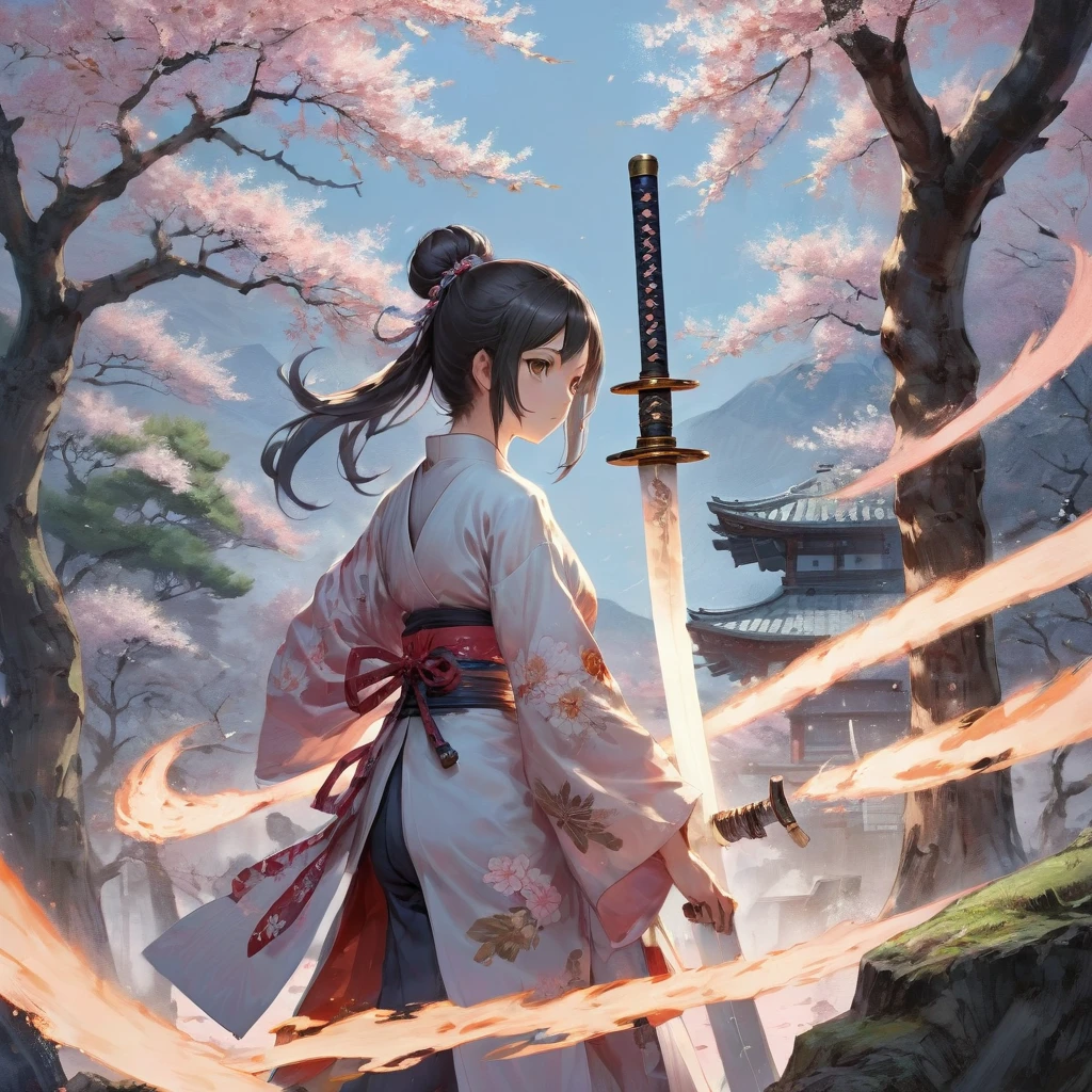 1girl, battle, full body, back shot, Japanese sword, glowing, Highest quality, masterpiece, Representative works, Official Art, Professional, Very complex and detailed, 8K, traditional Japanese patterns, anime key visual, sakura tree,
