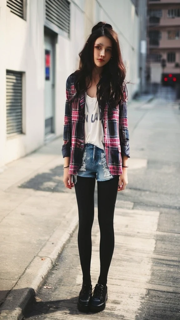 A cute 25 years old woman with blond hairs, a cute woman with blonde long hairs with hair bun, wearing hot pink clothes, wearing a hot pink shorts and a black leggings,a woman standing on a sidewalk ein wear a checked shirt and denim shorts, grunge style, grunge fashion, hipster, Wearing a flannel shirt, Street fashion clothing, Wear casual clothes, wear a checked shirt, great style, Street clothes, Casual clothing style, casual wear, wearing casual wear, ein wear a checked shirt, Fashion style, Street fashion outfit, cute style, Street fashion
