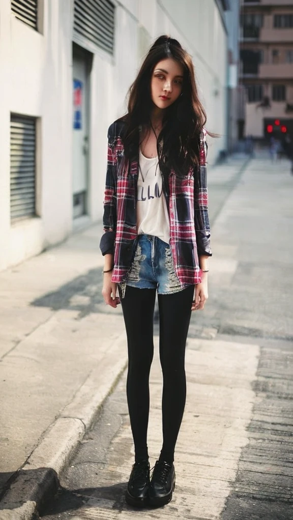 A cute 25 years old woman with blond hairs, a cute woman with blonde long hairs with hair bun, wearing hot pink clothes, wearing a hot pink shorts and a black leggings,a woman standing on a sidewalk ein wear a checked shirt and denim shorts, grunge style, grunge fashion, hipster, Wearing a flannel shirt, Street fashion clothing, Wear casual clothes, wear a checked shirt, great style, Street clothes, Casual clothing style, casual wear, wearing casual wear, ein wear a checked shirt, Fashion style, Street fashion outfit, cute style, Street fashion
