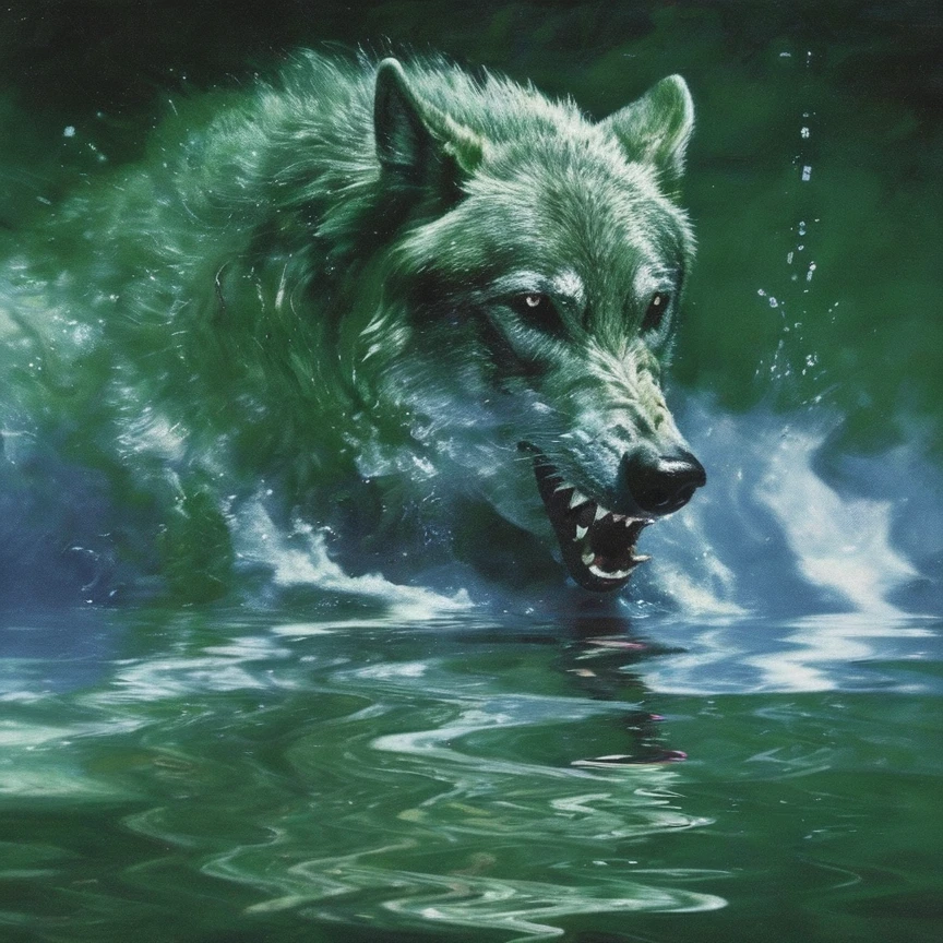 giant horror wolf in water, green abstract background