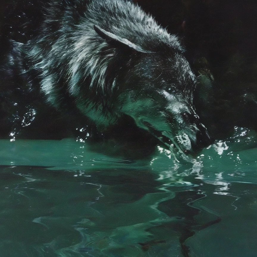 giant horror wolf in water, green abstract background