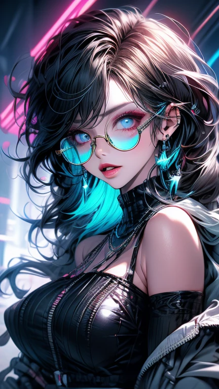 Highest quality,Highest Resolution,sexy,underwear,Vibrant colors,Very beautiful eyes,Big Breasts,whole body,Glasses,Black Hair,Neon color