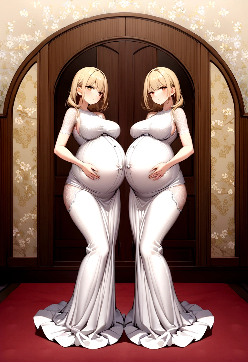 Beautiful pregnant girl big belly large breasts blonde brown hair japanese long white lace dress full body background a very beautiful room
