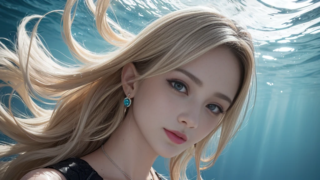 (Highest Quality Realistic Textured Skin),(terrible),(OK, round, Symmetrical eyes),Delicate facial features,(Burning bright cold eyes),(She has a mischievous smile),(Her face is kind and beautiful),Glass earrings in the ears,,(blonde),(Silvery white hair),(Chestnut Hair),(Swim at the bottom of the ocean),(Full body portrait:1.5),(Dramatic Photos:1.4),(Dramatic Pose),(Flashy photos)(look up),(Looking down),(Around her neck is a simple necklace made with exquisite craftsmanship.),Cluttered photos,(Hair flowing in water:1.5),(Underwater, Life at sea, 美しいCoral Reef, fish),(Background vortices and currents),(Dramatic Light),(Nice views),(美しいfishに囲まれて),遠くの背景にはCoral Reefに沈んだ寺院が見える,Coral Reef,Spectacular realism,Cinematic atmosphere,(High-density image review:1.5),(Soft colors:1.2),Very detailed,Dramatic Light,(Intricate details:1.1),Complex background,