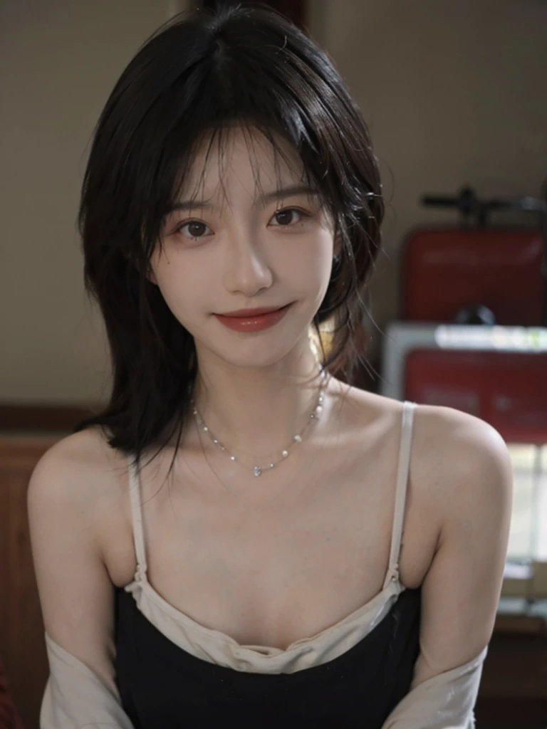 Film Portrait Photography, 2 girls, Bare shoulders,Lipstick,Smile,(flat chest:1.4), Wear a necklace,Cute expression,Exquisite makeup,Black suspenders,serene, calm, (Realistic and detailed eyes, Natural skin texture, Realistic facial details), Large Breasts:1.6,Large Breasts,Soft dramatic lighting, Depth of Field, Bokeh, Vivid details, Detailed and detailed, Surreal, 35 mm film, hazy, ,