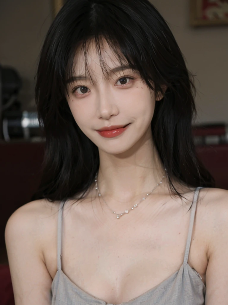 Film Portrait Photography, 2 girls, ???? shoulders,Lipstick，Smile，（flat ?????：1.4）， Wear a necklace，Cute expression,Exquisite makeup，Black suspenders，serene, calm, (Realistic and detailed eyes, Natural skin texture, Realistic facial details), ?????????????：1.6，?????????????，Soft dramatic lighting, Depth of Field, Bokeh, Vivid details, Detailed and detailed, Surreal, 35 mm film, hazy, ,