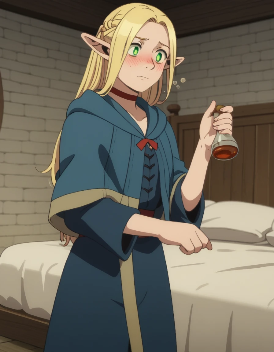 score_9, score_8_superior, score_7_superior, sauce_anime,
Multi-Redonate, Marcille Donath, Long Hair, Blonde, Green Eyes, Braiding, Pointed Ears, twin Braidings, Fairy, bright psuperiorils, Parted bangs,
choker, Robe, red choker,
indoor, bed, bed room, ~ side, blush, Drunk,
View your viewers, alone, Cowboy Shot, Dutch Angle,