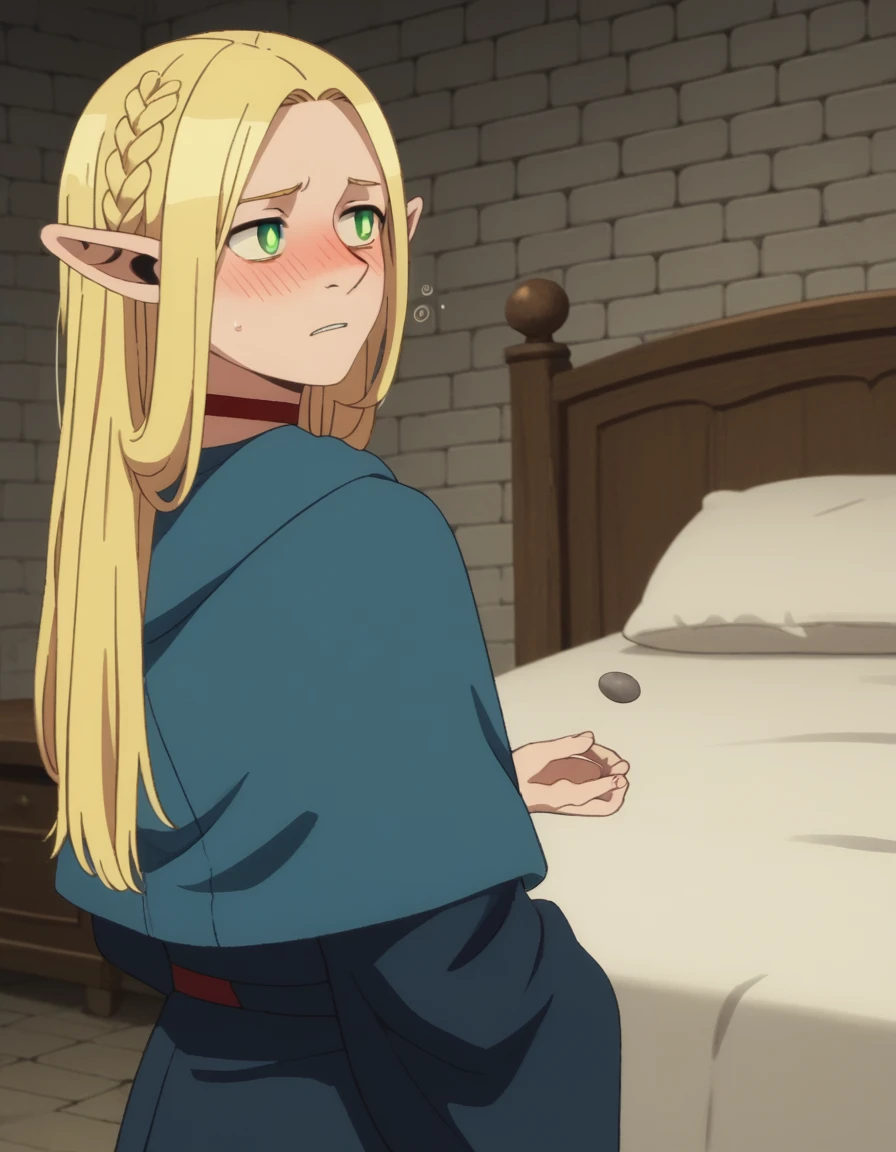 score_9, score_8_superior, score_7_superior, sauce_anime,
Multi-Redonate, Marcille Donath, Long Hair, Blonde, Green Eyes, Braiding, Pointed Ears, twin Braidings, Fairy, bright psuperiorils, Parted bangs,
choker, Robe, red choker,
indoor, bed, bed room, ~ side, blush, Drunk,
View your viewers, alone, Cowboy Shot, Dutch Angle,