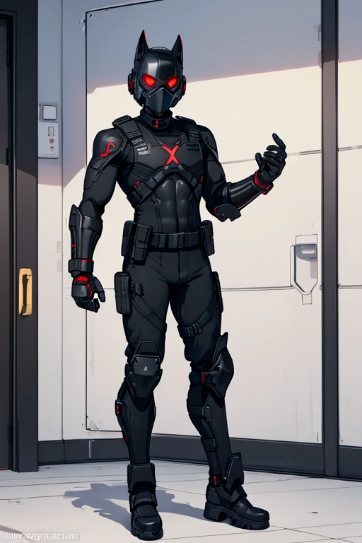 male, red eyes, robot, (((1boyl))), (((black full body tactical bodysuit))), (black gauntlets), (black boots), (black shoulder guards), (black hip guards), (black tactical helmet), (black face mask), (black tactical belt), long legs, muscular