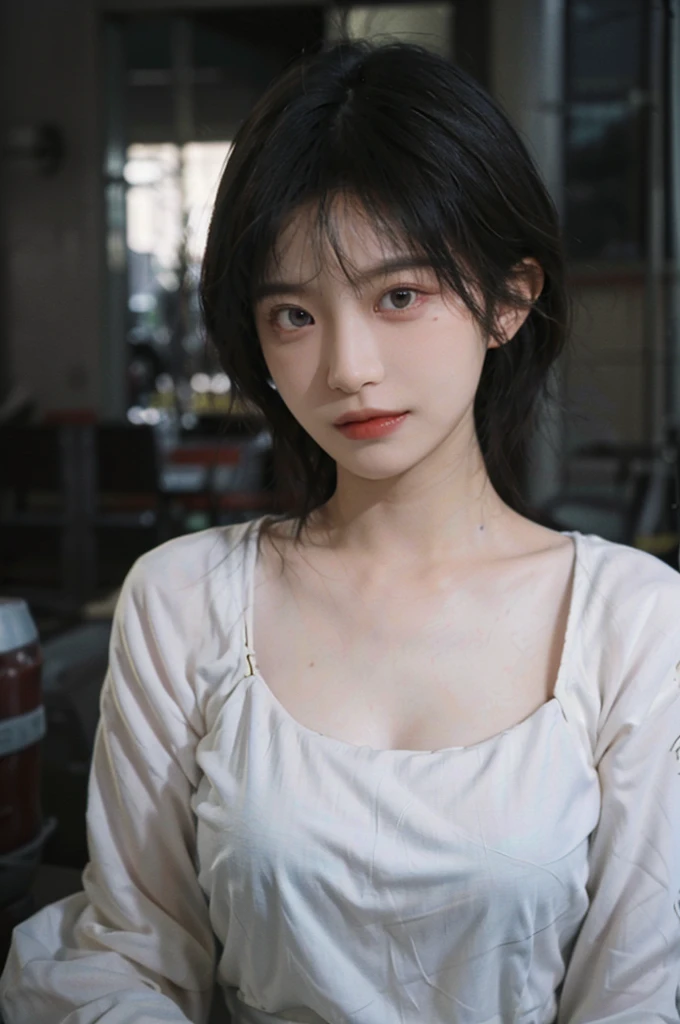 1 girl，Model，Upper Body，short hair,A faint smile,serene, calm，Moles under the eyes,Exquisite eyes, Delicate face,Lipstick,earrings,Hair details, skirt，（Dress conservatively：1.3）(Large Breasts:1.2),outdoor,background,城市background，(Skin details:1.4),(Realistic and detailed eyes：1.2）, Natural skin texture, Realistic facial details,Close-up of face,Portrait Photography,(Portrait Photography:1.1), (smooth skin textures:1.3), (Highest quality real skin textures:1.4), Direct vision,Soft dramatic lighting, Vivid details, 35 mm film, (Photo Practical:1.4), (hyper Practical:1.4), (Practical:1.3), (Smoother lighting:1.05), (Improve lighting quality:0.9), (Enhance the beauty of skin texture:1.1), Depth of Field, Bokeh, Surrealism, Ray Tracing, ( Surrealism, High Detail, Chiaroscuro, Ray Tracing, reflected light, Ultra HD, Ultra HD, masterpiece, Textured Skin, Super Detail, High Detail, high quality, best quality