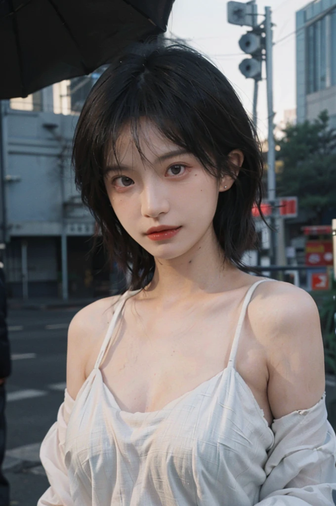 1 girl,Model,Upper Body,short hair,A faint smile,serene, calm,Moles under the eyes,Exquisite eyes, Delicate face,Lipstick,earrings,Hair details, skirt,(Dress conservatively:1.3)(Large Breasts:1.2),outdoor,background,城市background,(Skin details:1.4),(Realistic and detailed eyes:1.2), Natural skin texture, Realistic facial details,Close-up of face,Portrait Photography,(Portrait Photography:1.1), (smooth skin textures:1.3), (Highest quality real skin textures:1.4), Direct vision,Soft dramatic lighting, Vivid details, 35 mm film, (Photo Practical:1.4), (hyper Practical:1.4), (Practical:1.3), (Smoother lighting:1.05), (Improve lighting quality:0.9), (Enhance the beauty of skin texture:1.1), Depth of Field, Bokeh, Surrealism, Ray Tracing, ( Surrealism, High Detail, Chiaroscuro, Ray Tracing, reflected light, Ultra HD, Ultra HD, masterpiece, Textured Skin, Super Detail, High Detail, high quality, best quality