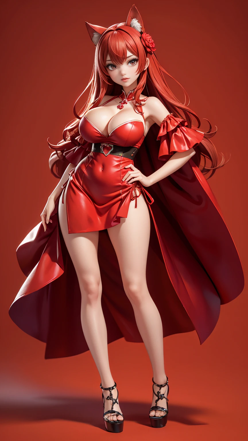 (full_body)、Woman、red_background、big_breasts:1.5、Detailed、POP、vivid、pose、dress、Open chest