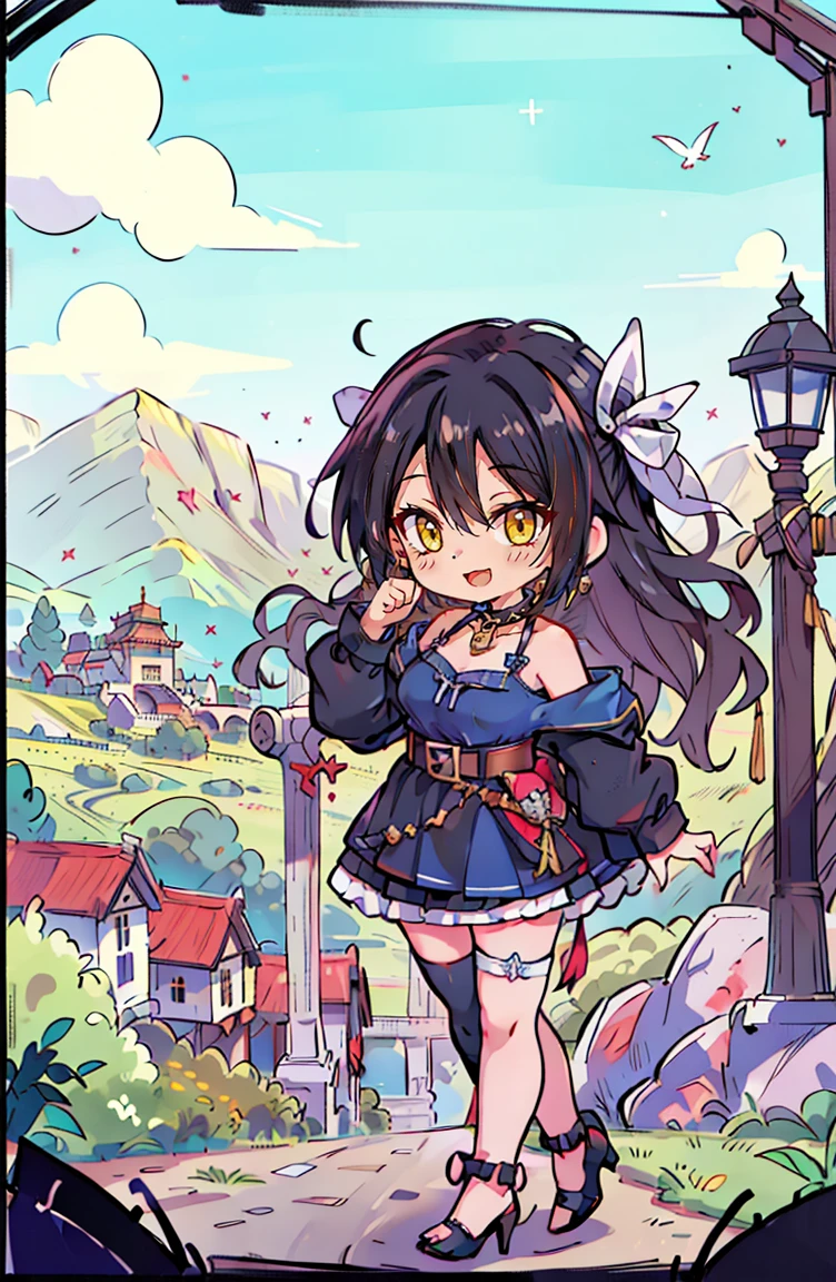 (masterpiece:1.2), (high quality:1.2), hui xiyi, rekkyo sensen, rekkyou sensen, (full body, chibi girls:1.45), solo focus, girls with((black hair, tits cleavage, exposed breasts, breasts close up, dress, (blue clothes:1.3), ribbon belt, off-shoulder sleeves, long sleeves, off shoulder jacket, frills shirt, frills camisole, straps, (ribbon tie, rosary choker, golden rosary, cross:1.05), (heels, black shoes, exposed legs, exposed foots, left thighhigh, white thighhigh:1.7), (long wavy hair, one side up:1.4))), background with ((architecture, blue sky, building, bush, castle, village, no humans, cloud, cloudy sky, day, fence, field, garden, grass, hill, house, lamppost, landscape, mountain, mountainous horizon, nature, no humans, outdoors, scenery, shrine, sky, tower))