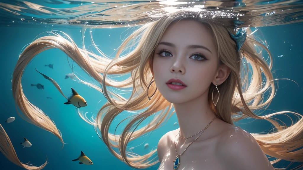(Highest Quality Realistic Textured Skin),(terrible),(OK, round, Symmetrical eyes),Delicate facial features,(Burning bright cold eyes),(She has a mischievous smile),(Her face is kind and beautiful),Glass earrings in the ears,,(blonde),(Silvery white hair),(Chestnut Hair),(Swim at the bottom of the ocean),(Full body portrait:1.5),(Dramatic Photos:1.4),(Dramatic Pose),(Flashy photos)(look up),(Looking down),(Around her neck is a simple necklace made with exquisite craftsmanship.),Cluttered photos,(Hair flowing in water:1.5),(Underwater, Life at sea, 美しいCoral Reef, fish),(Background vortices and currents),(Dramatic Light),(Nice views),(美しいfishに囲まれて),遠くの背景にはCoral Reefに沈んだ寺院が見える,Coral Reef,Spectacular realism,Cinematic atmosphere,(High-density image review:1.5),(Soft colors:1.2),Very detailed,Dramatic Light,(Intricate details:1.1),Complex background,