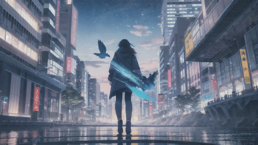 真っ暗なnight空,Octane, star (null), scenery, Blue parakeet,The acoustic guitar is in front of the body.,star, night, Girl, Back view, Outdoor, city,river,Blue parakeet,building, cloud, 天のriver,silhouette