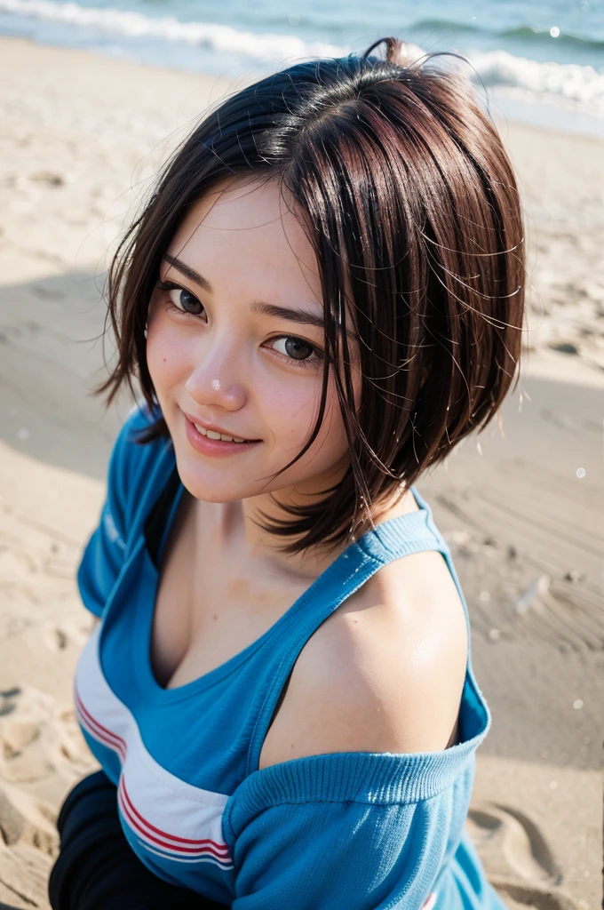 japonesa blanca, cabello corto, pecas en el rostro, sonrisa preciosa, ojos grandes, cuerpo perfecto, escolar, viento, hiper realista, cuerpo perfecto