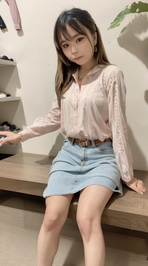 Portrait in girlish casual style for spring and summer。The model has fluffy curled bangs and light brown long hair, She wears a white lace top、Denim miniskirt、Wearing pink sandals。Accessories include floral hair clips and beaded bracelets。