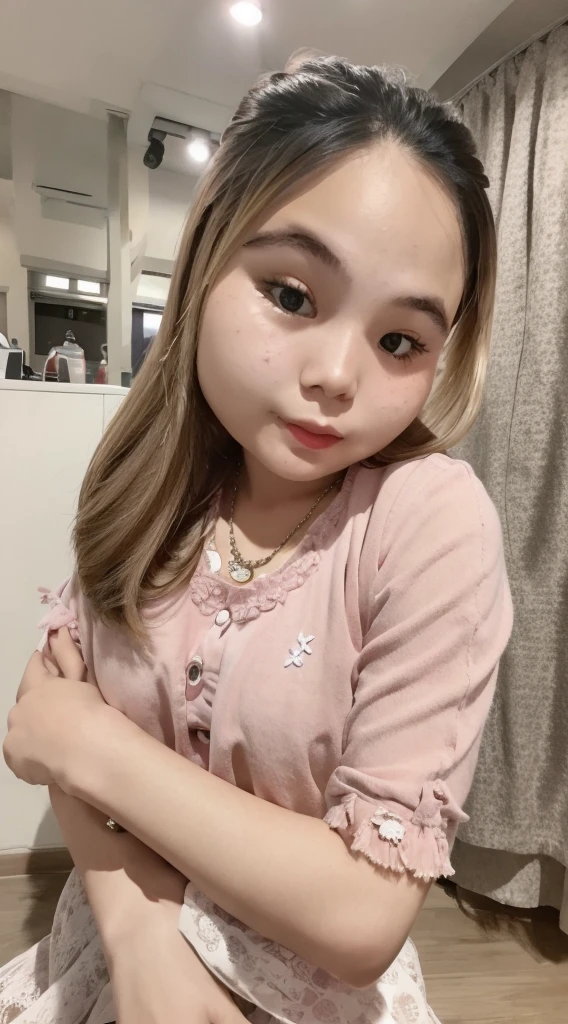 Portrait in girlish casual style for spring and summer。The model has fluffy curled bangs and light brown long hair, She wears a white lace top、Denim miniskirt、Wearing pink sandals。Accessories include floral hair clips and beaded bracelets。