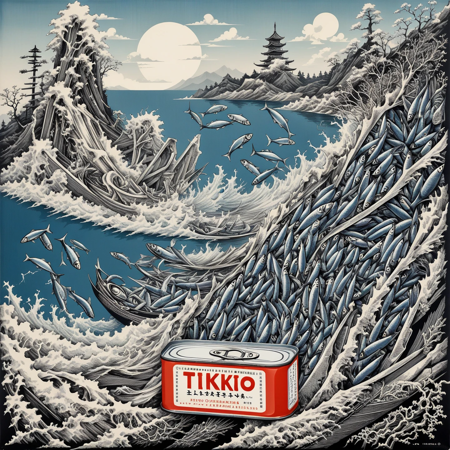 Tinned sardines in traditionally flat pull can, Japanese retro landscape poster, Ikko Tanaka, negative space, abstract, intricate.