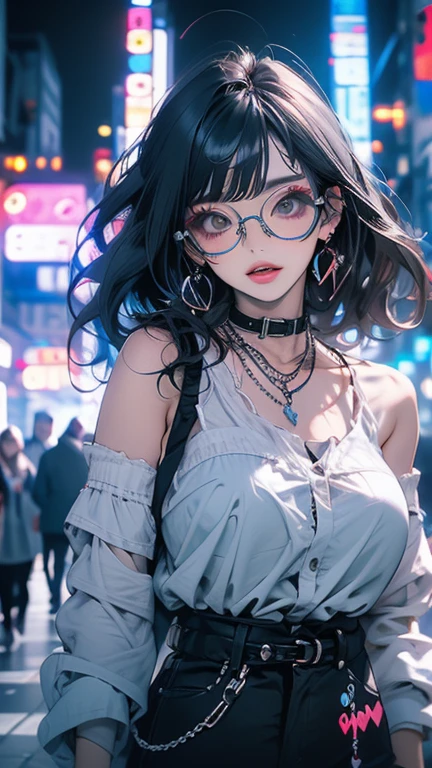 Highest quality,Highest Resolution,sexy,underwear,Vibrant colors,Very beautiful eyes,Big Breasts,whole body,Glasses,Black Hair,Neon color