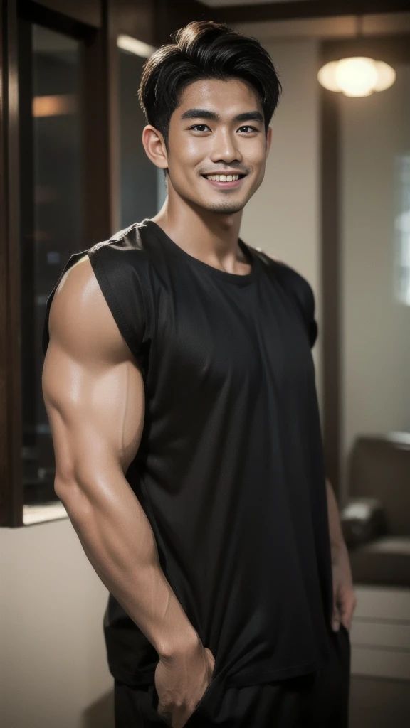 Thai man with short hair, handsome, muscular, big muscles, broad shoulders, model wearing a black t-shirt, standing and smiling.
