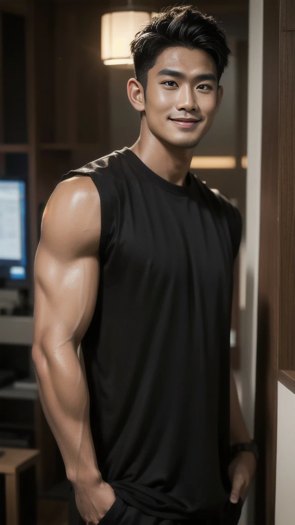 Thai man with short hair, handsome, muscular, big muscles, broad shoulders, model wearing a black t-shirt, standing and smiling.