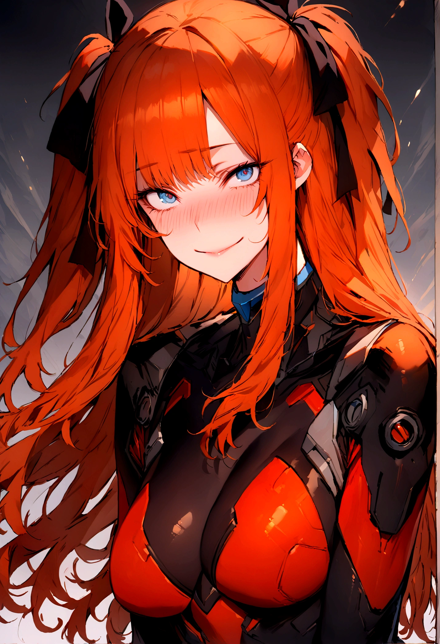 (masterpiece), best quality, expressive eyes, perfect face, 1girl, solo, blue eyes, dark orange Hair, Loose hair, hair ribbon, long hair, black ribbon, sidelocks, bangs two side up, smile, red skin-tight battle suit, slim figure, looking at viewer