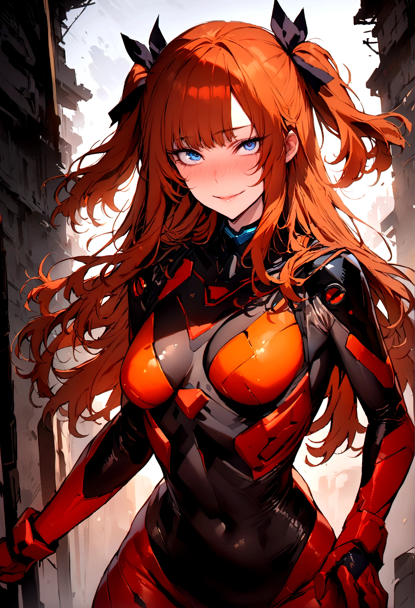 Asuka Langley Soryu，Blue eyes，hair between eyes，headware，Interface headset，Orange hair，battle costume，action pose，album artwork，Storytelling images