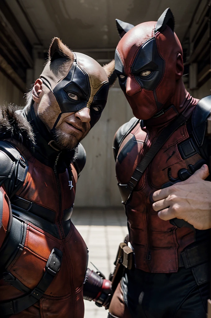  a hyper realistic image capturing Deadpool and Wolverine in full combat, with their iconic classic masks clearly visible. The camera is positioned very close to the characters, highlighting every detail of the costumes and intense facial expressions. Deadpool displays his typical irreverent humor, while Wolverine shows his fierce determination, both immersed in a dynamic and energetic confrontation. The background is blurred to emphasize the proximity of the combatants