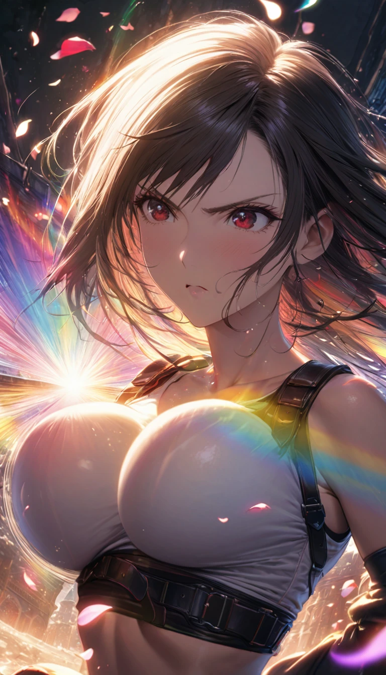 Highest quality, Super quality, 16K, Incredibly absurd, Very detailed, delicate and dynamic, Natural light, Fine particles reflect rainbow colors, Diffuse reflection of light, Vortex of Light, Many rainbow-colored petals fall, Beautiful Western Castle, Shining Sun, 湖面にDiffuse reflection of light, Create amazing image effects, Upper body close-up, (, cute sexy girl, bouncing busts, Sensual expression, passionate, Serious, Vibrant, Tifa Lockhart Final Fantasy VII)