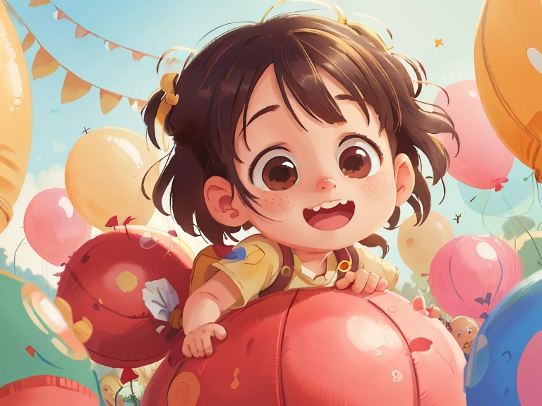 A , cute, playing with other children ball, many balloons, happy, happy, perfect quality, clear focus (clutter - home: 0.8), (Masterpiece: 1.2) (Realistic: 1.2) (bokeh) (best quality) ( detailed skin: 1.3) (intricate details) (8k) (eyes detail) (sharp focus), (happy)