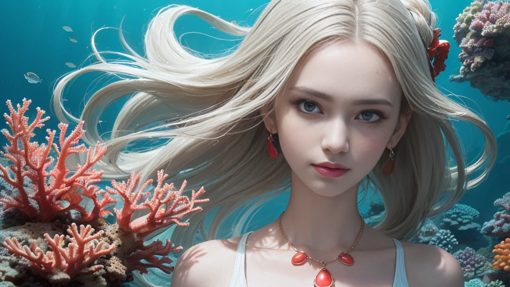 (Highest Quality Realistic Textured Skin),(terrible),(OK, round, Symmetrical eyes),Delicate facial features,(Burning bright cold eyes),(She has a mischievous smile),(Her face is kind and beautiful),Glass earrings in the ears,,(blonde),(Silvery white hair),(Chestnut Hair),(Swim at the bottom of the ocean),(Full body portrait:1.5),(Dramatic Photos:1.4),(Dramatic Pose),(Flashy photos)(look up),(Looking down),(Around her neck is a simple necklace made with exquisite craftsmanship.),Cluttered photos,(Hair flowing in water:1.5),(Underwater, Life at sea, 美しいCoral Reef, fish),(Background vortices and currents),(Dramatic Light),(Nice views),(美しいfishに囲まれて),遠くの背景にはCoral Reefに沈んだ寺院が見える,Coral Reef,Spectacular realism,Cinematic atmosphere,(High-density image review:1.5),(Soft colors:1.2),Very detailed,Dramatic Light,(Intricate details:1.1),Complex background,