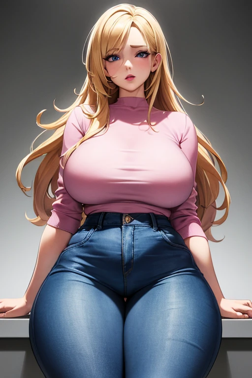 A female wearing clothing (incredibly detailed, beautiful face, pink lips, piece of art) tight jeans. She has blonde hair and blue eyes. The jeans are tight her cameltoe is visible, thick thights, slim thick,
