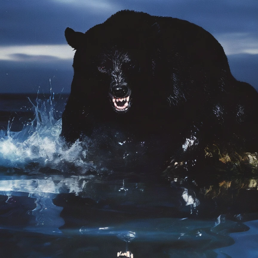 giant horror bear in water, sunrise background