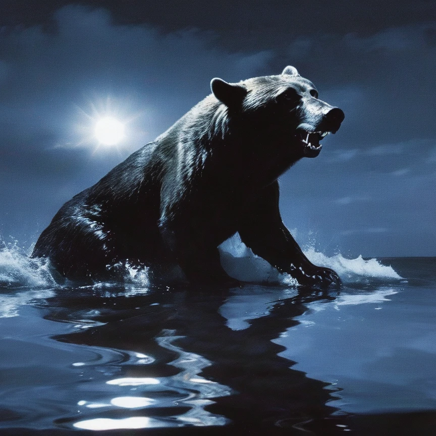 giant horror bear in water, sunrise background
