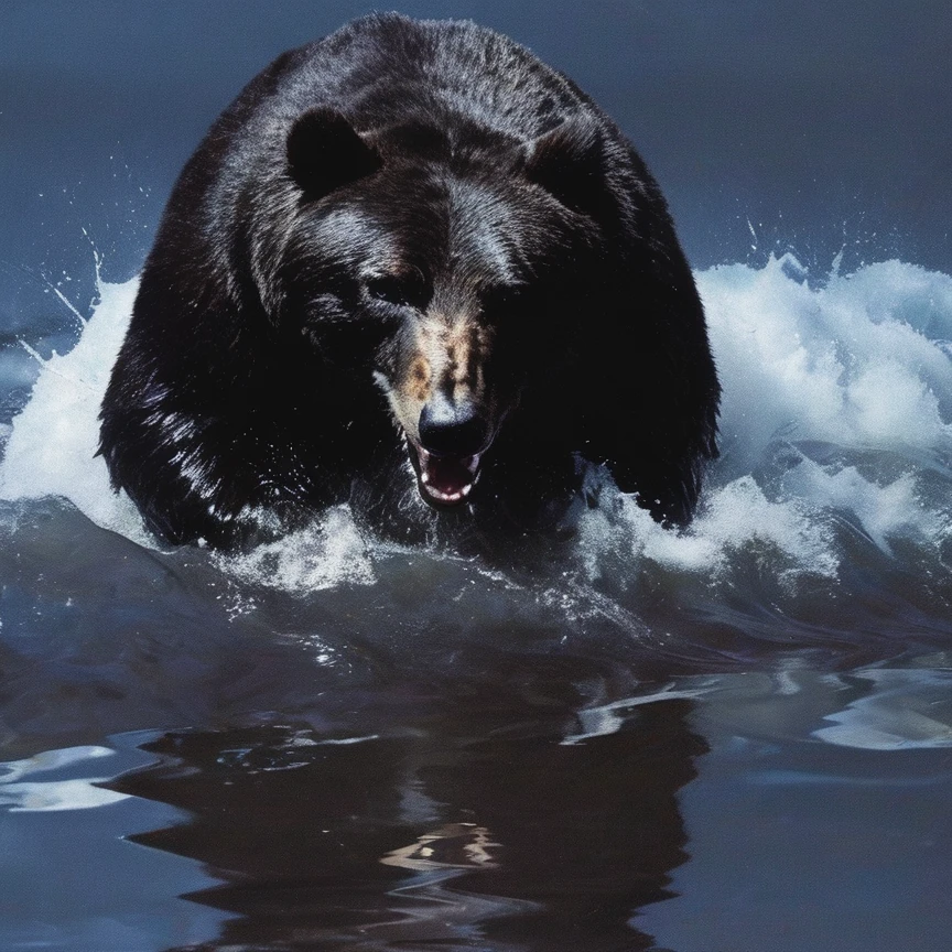 giant horror bear in water, sunrise background