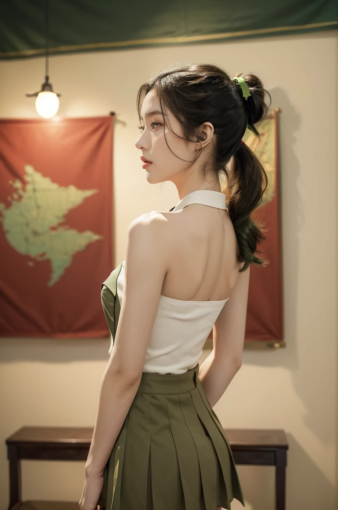 (((best quality))),(((ultra detailed))),(((masterpiece))),illustration,((1 beautiful young girl,female soldier,solo)),(short black ponytail:1.2),((slim,thin)),((shoulder off,strapless,bare back,towering hips,butt crack)),determined,professional,demeanor,(light green collared short-sleeved shirt:1.3),(dark green pleated skirt:1.2),(slender legs:1.2),military,affiliation,background,military conference room,walls,maps,battlefields,strategic points,markings,(large red flag),nation's unity,strength,seriousness,planning,important discussion,rigid posture,focused expression,confidence,respectability,bright intense eyes,analyzing situation,contribute thoughts,ideas,charm,powerful,intense atmosphere,freezes moment in time,essence,striking appearance,(night scene:1.2),((from back,upper body))