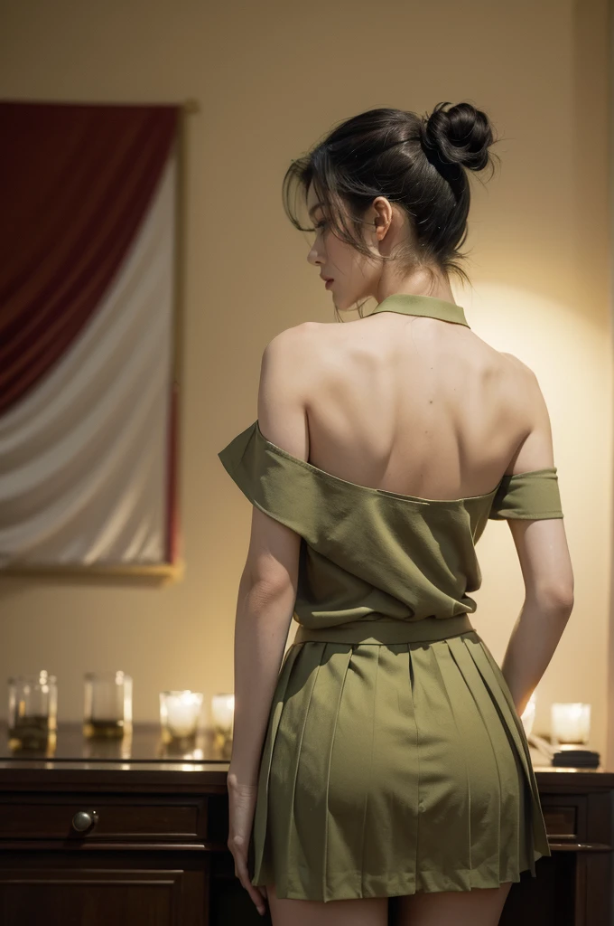 (((best quality))),(((ultra detailed))),(((masterpiece))),illustration,((1 beautiful young girl,female soldier,solo)),(short black ponytail:1.2),((slim,thin)),((shoulder off,strapless,bare back,towering hips,butt crack)),determined,professional,demeanor,(light green collared short-sleeved shirt:1.3),(dark green pleated skirt:1.2),(slender legs:1.2),military,affiliation,background,military conference room,walls,maps,battlefields,strategic points,markings,(large red flag),nation's unity,strength,seriousness,planning,important discussion,rigid posture,focused expression,confidence,respectability,bright intense eyes,analyzing situation,contribute thoughts,ideas,charm,powerful,intense atmosphere,freezes moment in time,essence,striking appearance,(night scene:1.2),((from back,upper body))