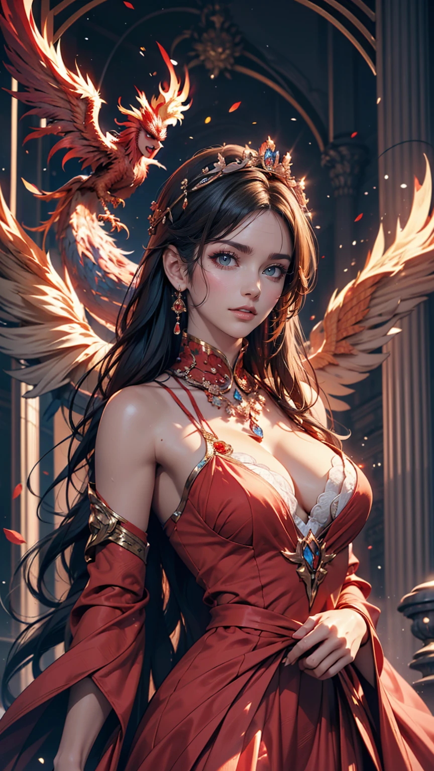 1 heroine, one beautiful princess, In the Dark: 1.6), Surreal Female Portraits by David Hockney and Alphonse Mucha, Fantasy art, Korean Doll, Photorealism, Dynamic Lighting, Art Station, Poster, Volumetric lighting, Highly detailed face, 8K Ultra, whole body, Awards, In the Dark, Deep Shadow, Modest, Cowboy Lens, (Red Phoenix Dress: 1.4), Long Hair, Black Hair, bust, Luxury Palace, Royal Style, Princess Crown, Big round black eyes, Style Royal, The most beautiful face, Large and normal breasts, Ultra-realistic,