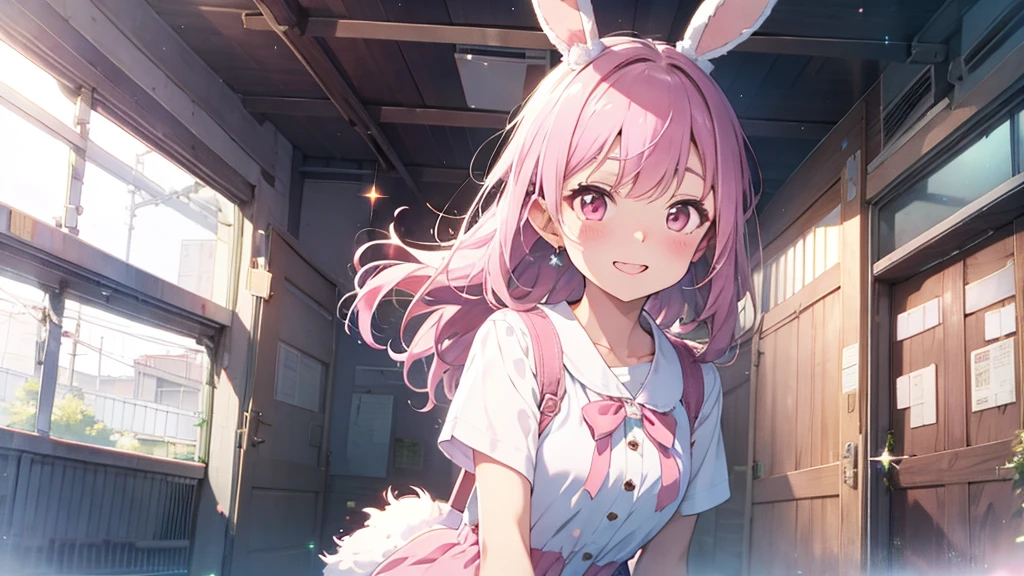 ((masterpiece))((Highest quality))Rabbit Ears、girl、smile、blush、Flat Chest、Are thin、Pink Hair、blush、Are standing、Whole body image、Even your toes are visible、Eye level on face、front、No background、Rabbit Pose、真frontのアングル、Pigtails、uniform