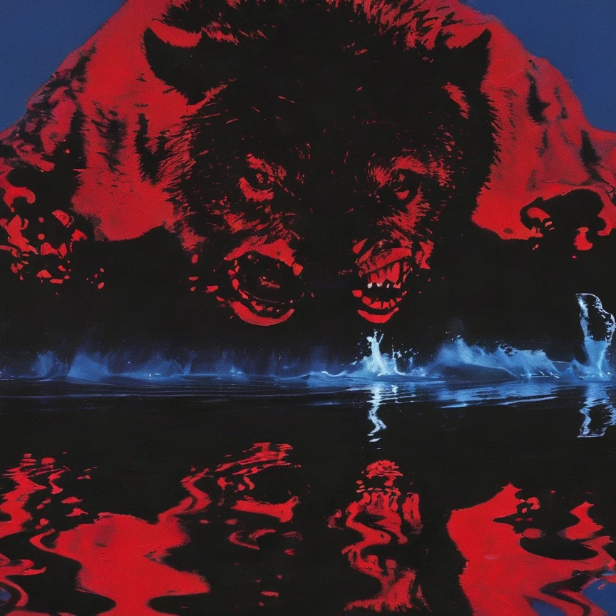 giant horror bear in water, neon background