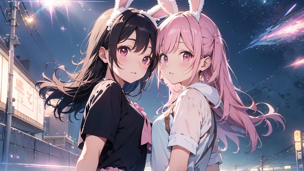 Highest quality, pretty girl, pastel colour, Fluffy bunny ears, Pink long hair,Pale pink eyes、Bright and pop、Sparkle Effect、Energetic、Nostalgic
