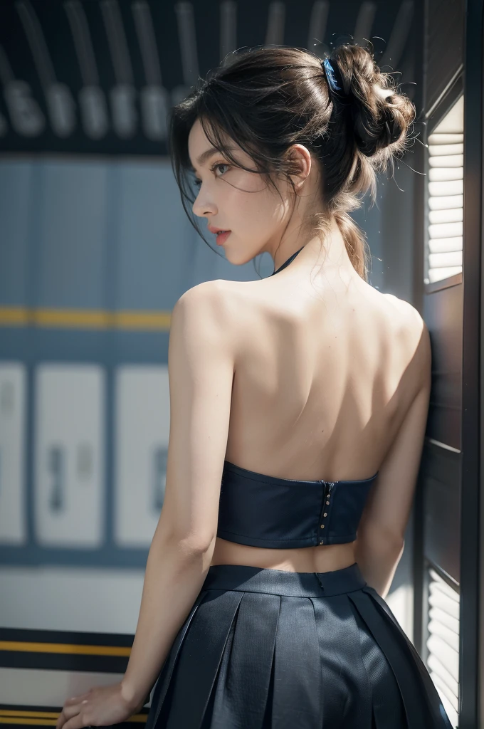 (((best quality))),(((ultra detailed))),(((masterpiece))),illustration,((1girl, female, Air Force commander,solo)),(short ponytail:1.2),((slim,thin)),((shoulder off,strapless,bare back,towering hips,butt crack)),poised, confidence, authority,(light blue collared short-sleeved shirt:1.3),(dark blue pleated skirt:1.2), (slender legs:1.2),piercing eyes, control panel, military airport, soldiers, duties, fighter jets, clear sky, engine roar, excitement, energy, control room, monitors, switches, mosaic colors, expertise, pilots, headset, calm voice, strong presence, attention, respect, leadership, dedication, courage, bravery, women in military, inner strength, resilience, inspiration,((from back,upper body))