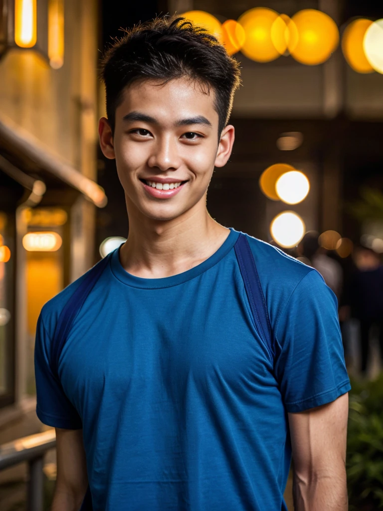 (best quality, 4K, 8K, high resolution, Masterpiece: 1.2), Special details, (realistically, As realistic as a photo, photo realistic: 1.37), Edge lighting, Extra detailed coloring, sharp focus, Physical rendering ,Extremely detailed description,professional,light color,Bokeh,Portrait,look at the viewer,
Young Asian man, 20 years old ,(Wear a dark blue t-shirt.), smile
