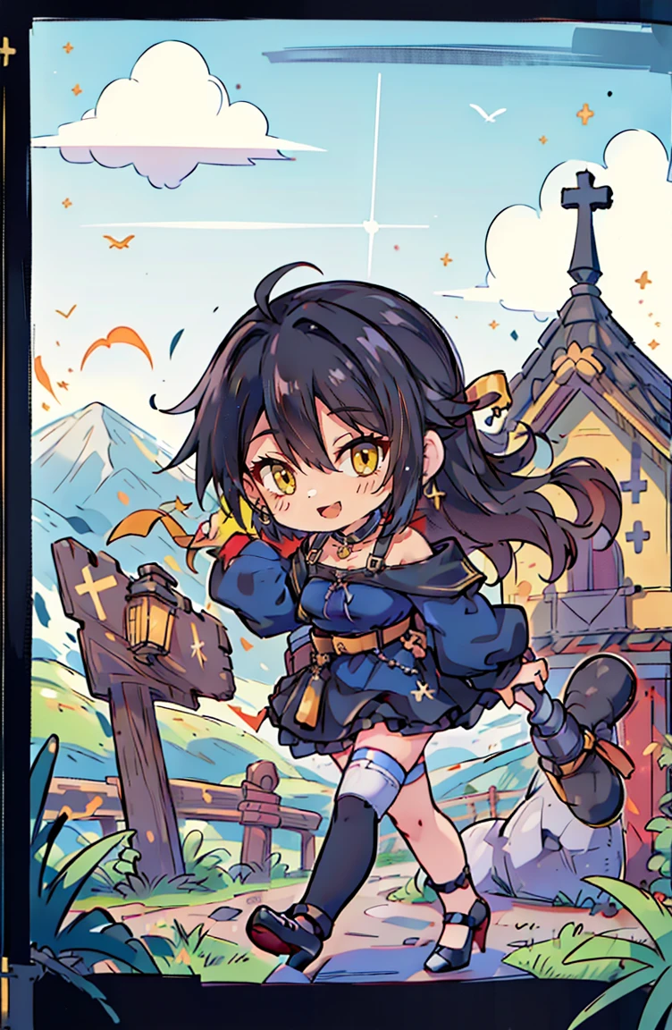 (masterpiece:1.2), (high quality:1.2), hui xiyi, rekkyo sensen, rekkyou sensen, (full body, chibi girls:1.45), solo focus, girls with((black hair, tits cleavage, exposed breasts, breasts close up, dress, (blue clothes:1.3), ribbon belt, off-shoulder sleeves, long sleeves, off shoulder jacket, frills shirt, frills camisole, straps, (ribbon tie, rosary choker, golden rosary, cross:1.05), (heels, black shoes, exposed legs, exposed foots, left thighhigh, white thighhigh:1.7), (long wavy hair, one side up:1.4))), background with ((architecture, blue sky, building, bush, castle, village, no humans, cloud, cloudy sky, day, fence, field, garden, grass, hill, house, lamppost, landscape, mountain, mountainous horizon, nature, no humans, outdoors, scenery, shrine, sky, tower))