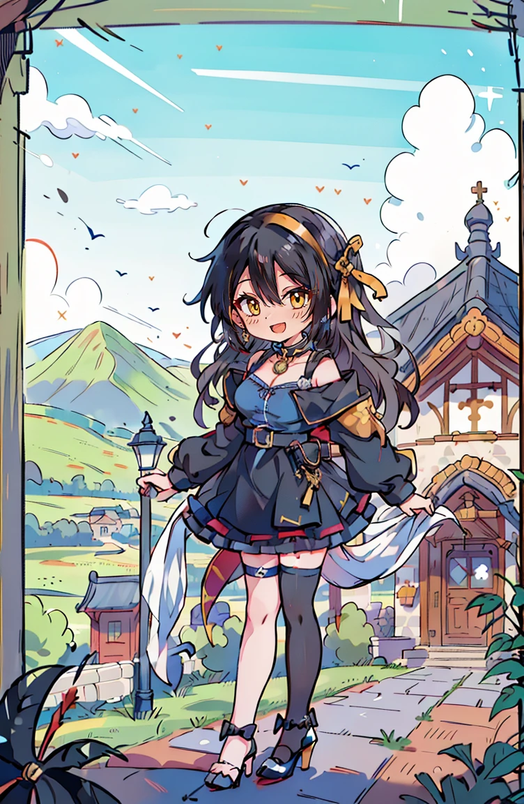 (masterpiece:1.2), (high quality:1.2), hui xiyi, rekkyo sensen, rekkyou sensen, (full body, chibi girls:1.45), solo focus, girls with((black hair, tits cleavage, exposed breasts, breasts close up, dress, (blue clothes:1.3), ribbon belt, off-shoulder sleeves, long sleeves, off shoulder jacket, frills shirt, frills camisole, straps, (ribbon tie, rosary choker, golden rosary, cross:1.05), (heels, black shoes, exposed legs, exposed foots, left thighhigh, white thighhigh:1.7), (long wavy hair, one side up:1.4))), background with ((architecture, blue sky, building, bush, castle, village, no humans, cloud, cloudy sky, day, fence, field, garden, grass, hill, house, lamppost, landscape, mountain, mountainous horizon, nature, no humans, outdoors, scenery, shrine, sky, tower))
