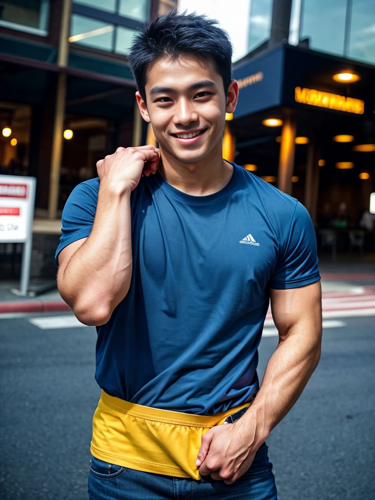 (best quality, 4K, 8K, high resolution, Masterpiece: 1.2), Special details, (realistically, As realistic as a photo, photo realistic: 1.37), Edge lighting, Extra detailed coloring, sharp focus, Physical rendering ,Extremely detailed description,professional,light color,Bokeh,Portrait,look at the viewer,
Young Asian man, 20 years old ,(Wear a dark blue t-shirt.), smile